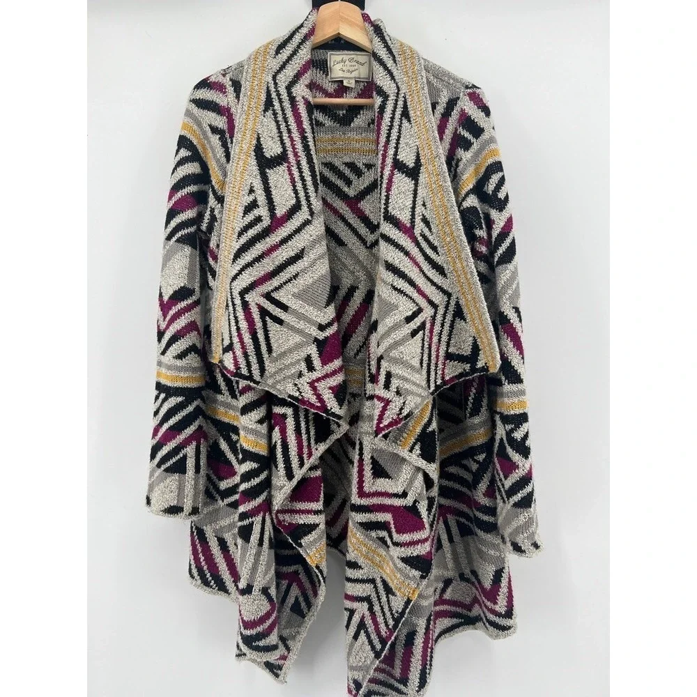 Lucky Brand Women Geometric Tribal Open Front Waterfall Cardigan Sweater Grey S